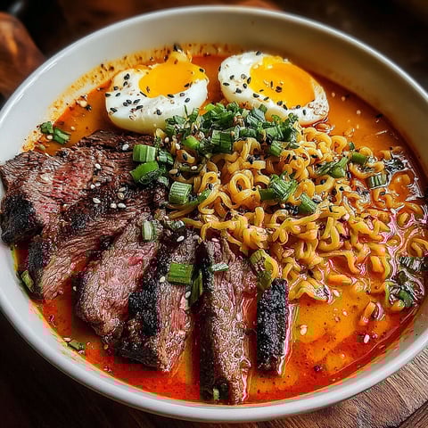 A bowl of spicy Korean ramen with grilled beef and creamy sauce.