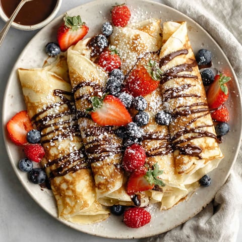 A plate of crepes with Nutella and strawberries.