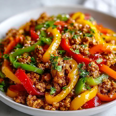 A bowl of ground turkey and peppers.