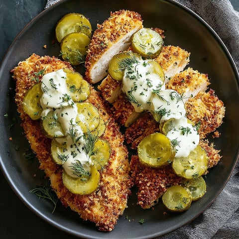A plate of chicken with pickles and Parmesan cheese.
