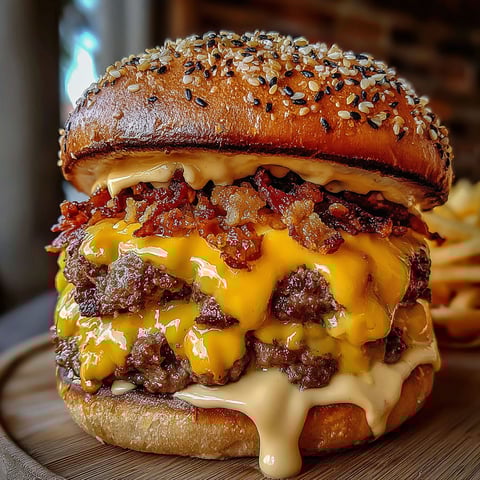 A large burger with cheese and bacon on a bun.