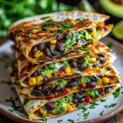 A stack of vegan quesadillas with black beans and avocado.