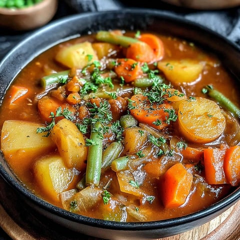 A bowl of stew with carrots and green beans.
