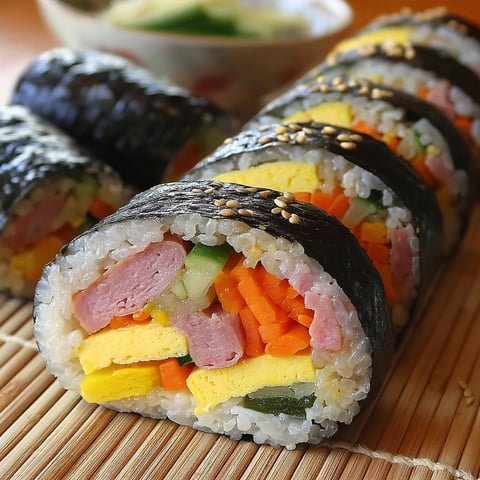 A plate of kimbap with vegetables and meat.