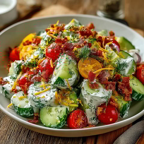 A white bowl filled with a salad of cucumbers, tomatoes, and bacon.