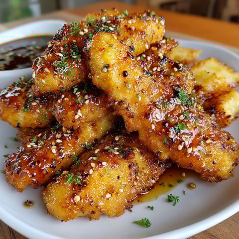 A plate of air fryer honey butter garlic chicken tenders.