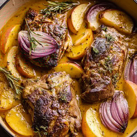 A bowl of braised pork shoulder with apples and onions.