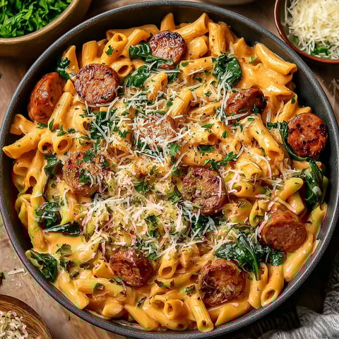 A delicious one pot creamy cajun sausage pasta dish.