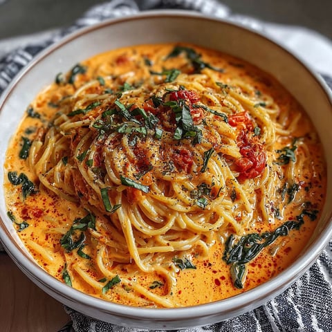 A bowl of creamy tomato garlic pasta.