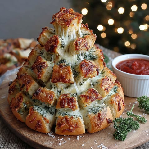 A cheesy bread tree is displayed on a wooden platter.