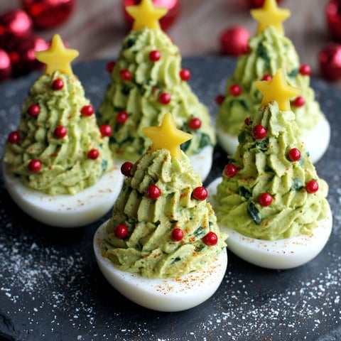 Three deviled egg Christmas trees.