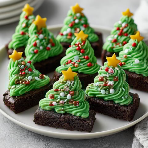 A plate of Christmas tree brownie bites.