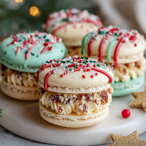 Macarons with Christmas tree decorations on top.