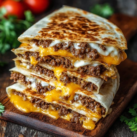 A stack of quesadillas with cheese and meat.