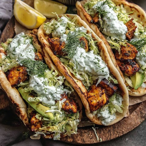 A close up of a delicious meal of chicken pita sandwiches.