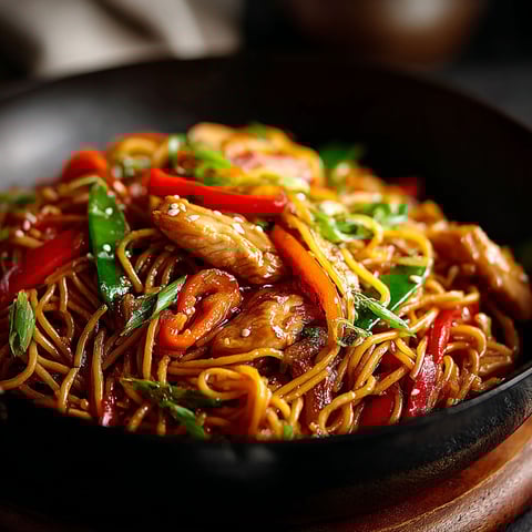 A bowl of chicken lo mein noodles.