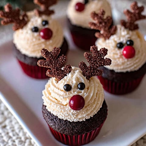 A plate of cupcakes with reindeer decorations.