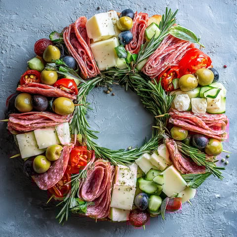 A charcuterie wreath made with various meats and cheeses.
