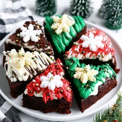 Four pieces of frosted Christmas brownies.
