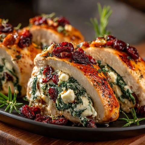 Spinach and cranberry stuffed chicken breasts.